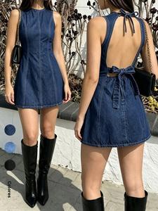 SummerVibes, vestido de mezclilla para mujer, sin mangas, espalda descubierta, ajuste entallado, moda elegante, estilo casual vintage y holgado, apto para primavera, verano y todas las estaciones