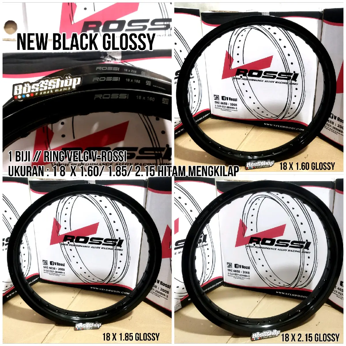 RING VELG V-ROSSI 18x 1.60/1.85/2.15 VELG ROSSI HITAM GLOSSY / MENGKILAP HOLE 36 l 1 pcs