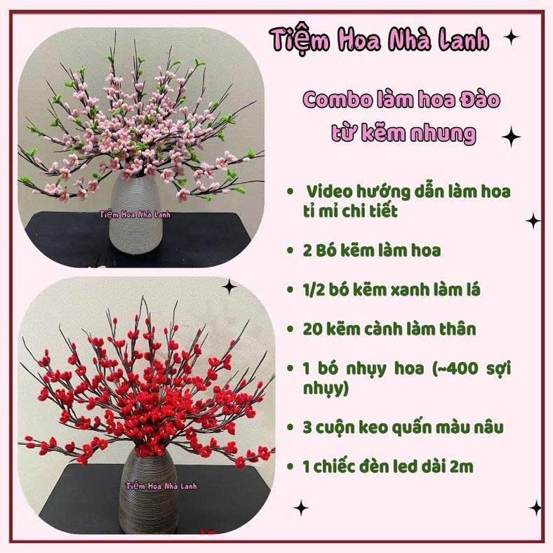    Tặng dây treo  Combo nguyên liệu làm hoa đào từ kẽm nhung  2 bó kẽm hoa+nửa bó kẽm lá combo full đỏ đổi kẽm xanh thành đỏ  +3 keo nâu +20 kẽm cành + 400 nhụy +1 đèn 2m  