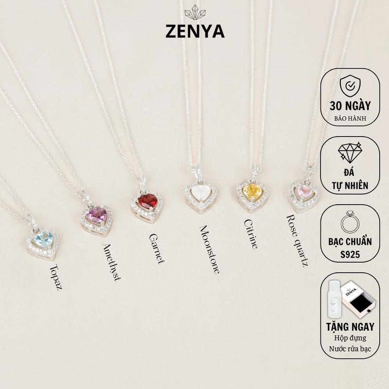 Dây Chuyền Bạc 925 ZENYA, Mặt Trái Tim Phối Đá Màu Nhẹ Tự Nhiên, Thiết Kế Thanh Lịch D01