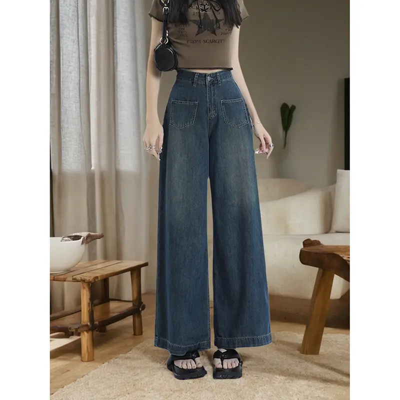 JEANSHIGHWAIST- Celana kulot jeans highwaist retro wanita dua waist kantong depan jins Panjang Cewek dua Denim A-line pants skena premium import baggy outfits fading gombrong straight remaja xl biru vintage lulu chic wide leg ootd cute Casual yoyo Loose 6
