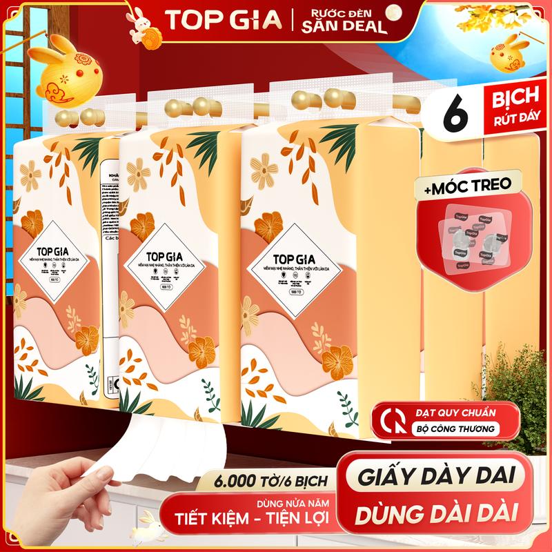 (SIÊU MỀM MỊN - TIẾT KIỆM HƠN) Thùng 6 Bịch Khăn Giấy Rút Đáy Tiểu Hạ TOP GIA 4 Lớp Mềm Mịn, Thành Phần Bột Gỗ Tự Nhiên Thân Thiện An Toàn, Khăn Giấy Vệ Sinh 1000 tờ,4 lớp Tặng 2 móc treo tiện Giấy Vệ Sinh giấy rút  ĐẠT QUY CHUẨN CỦA BỘ CÔNG THƯƠNG VTG86