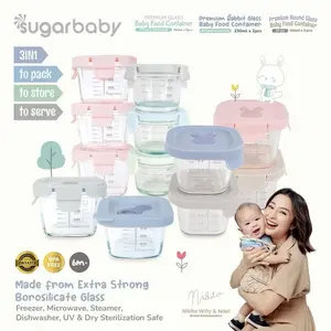 NEW SUGARBABY Premium Glass Jar Baby Food Container 3 pcs BPA FREE | SugarBaby Peralatan Makan Bayi MPASI | Sugar Baby Wadah Mangkok Bayi Silicone Lid & Plastic Lid TERMURA