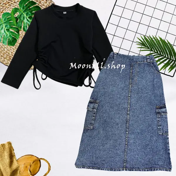 SETELAN JEANS ANAK PEREMPUAN/ ROK CARGO JEANS PANJANG DAN KAOS CROPTOP SERUT MOTIF SABLON ANAK Usia 2-12 Tahun 3