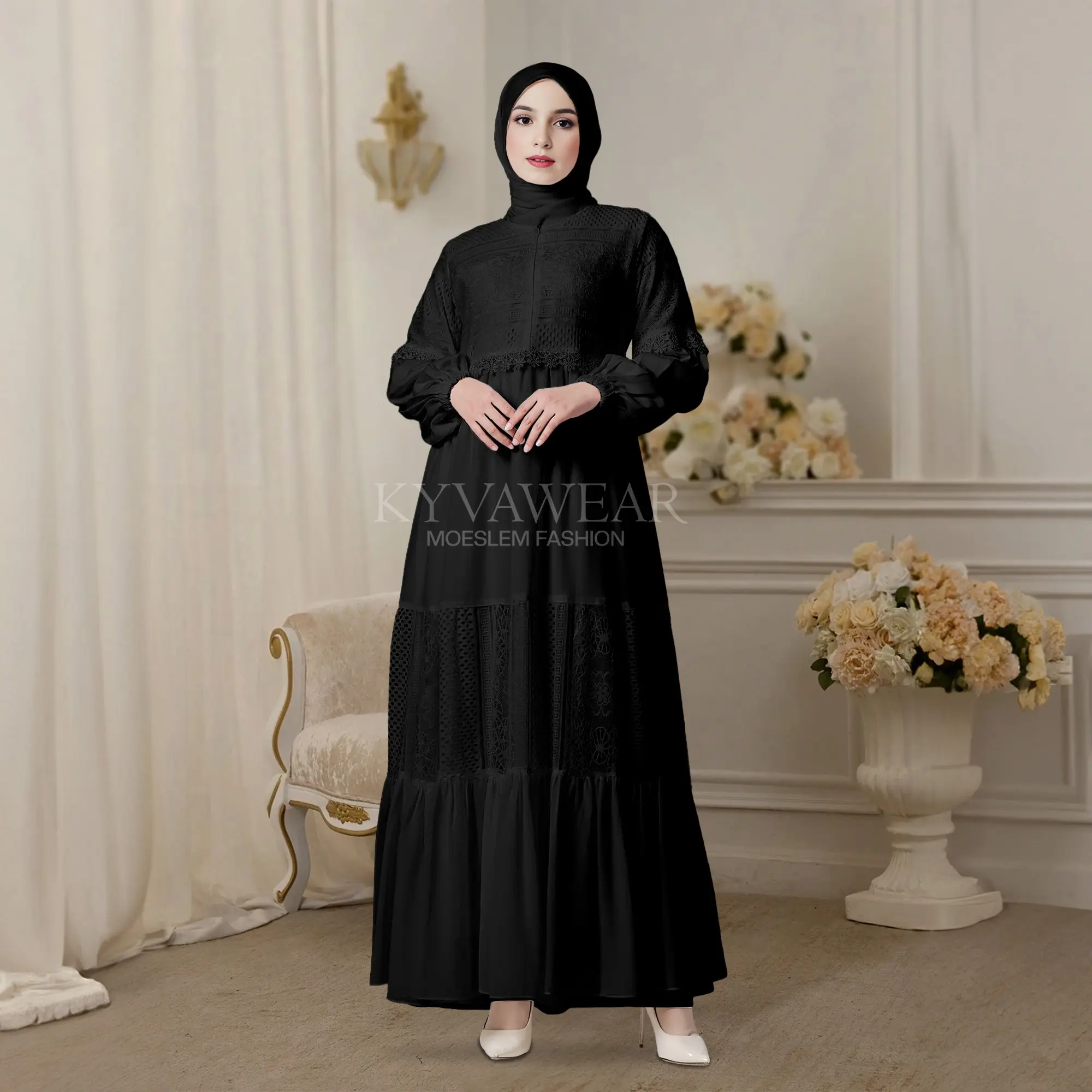 KYVA GAMIS ABAYA MUSLIM BROKAT HITAM MOSCRPE TERBARU 048 PESTA MEWAH REMAJA