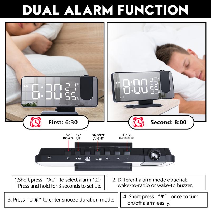 Product Introduction of 12/24H Music LED Digital Alarm Clock Table Electronic Desktop Clocks USB Wake Up FM Radio 180° Projector Snooze Function Dual Alarm Bedroom Bedside Mute Clock For Kids Mother Gift 42