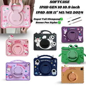 Casing Karakter for iPad Gen 10 10.9 inch 2022 iPad Gen 11 2025 iPad Air M2 11 inch / Air M3 11 inch  Case Tab Anak Bahan Silikon Softcase Standing dengan Slot Pen dan Tali Slempang Bonus Pen Stylus