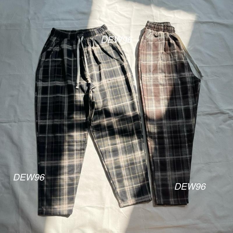  Quần baggy nữ kẻ caro chất vải umi flannel co giãn mềm mịn ít nhăn lưng cao cạp chun dây rút có túi 