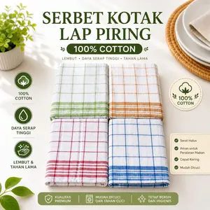 Serbet Kain Lap Piring Serap Air Kotak Besar 100% Cotton Motif Kotak Besar Lembut Berkualitas untuk Dapur & Peralatan Putih