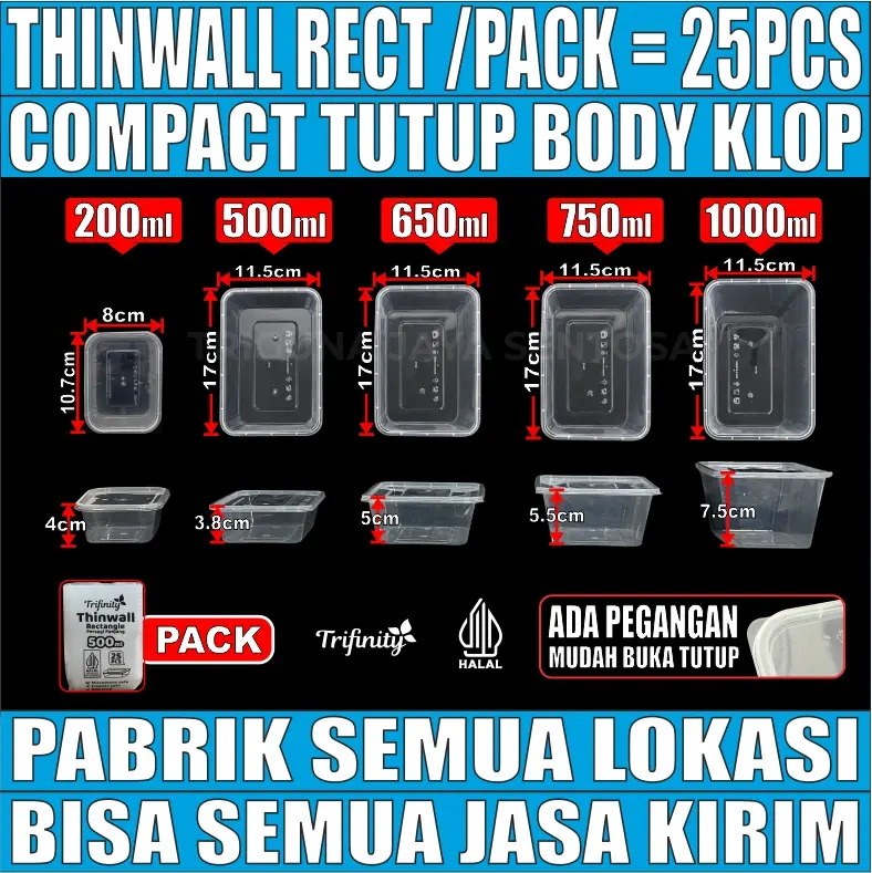 Thinwall Rectangle Tebal 29gr 200ml 500ml 650ml 750ml 1000ml Pack Persegi Panjang Victory Murah JSP