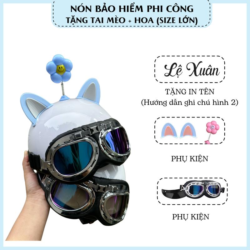 Nón Bảo Hiểm Phi Công Nửa Đầu Kèm Tai Mèo 2 Màu và Bông Hoa Mặt Cười Helmet mũ bảo hiểm