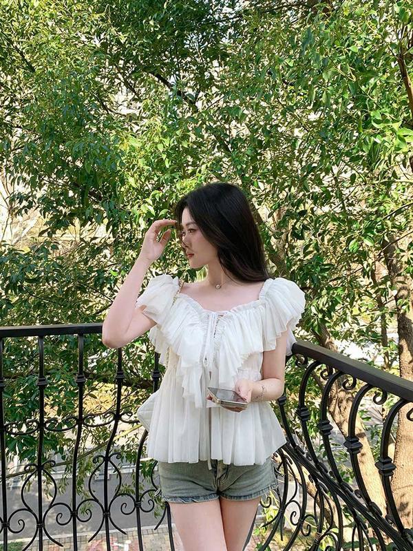 C1100 Áo Kiểu Nữ Cổ V Nhiều Tầng Trễ Vai Chất Lưới Mịn Có Lớp Lót Phù Hợp Nhiều Phong Cách