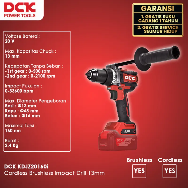 DCK KDJZ20160i Cordless Brushless Impact Drill / Mesin Bor Impact Baterai 13mm 1