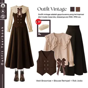 One Set Vintage Jumanji Muslim (Atasan Pita Coklat + Atasan Vest + Atasan Blouse + Bawahan Rok Joda ) OOTD Yearbook Remaja - FO20