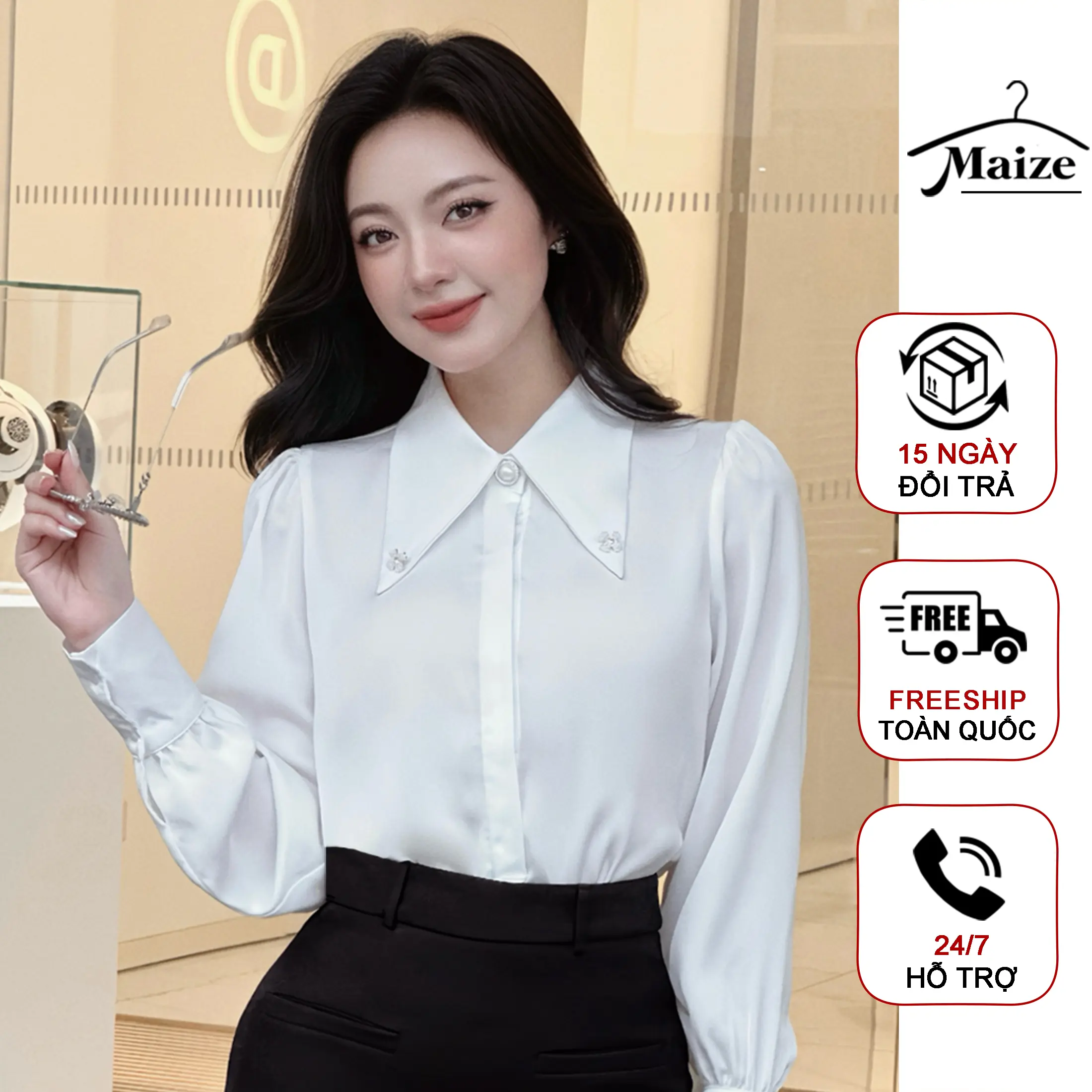 Áo sơ mi nữ đính ngọc Maize chất lụa mềm mại cổ đức phong cách thời trang sang chảnh Shirt Top