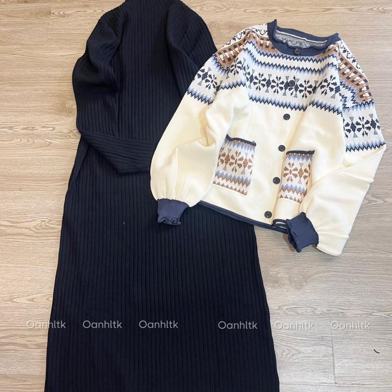  Hàng QC L1 form tới 85kg Set váy len bầu kèm cadigan thổ cẩm xinh Đầm bầu mùa đông màu đen dáng dài dày ấm shop OanhLTK 