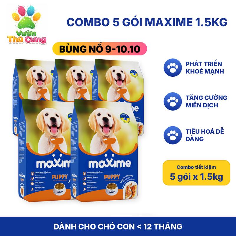 Combo 5 gói - Hạt thức ăn Maxime cho Chó Con vị Thịt Gà gói 1,5Kg - Phát Triển Khung Xương, Bổ Sung DHA Thông Minh Hơn