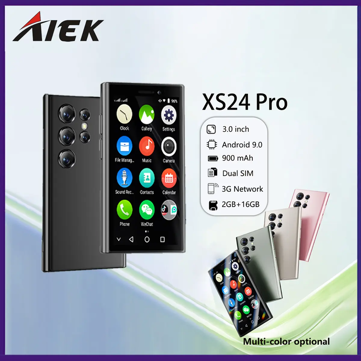 Điện thoại thông minh mini, AIEK XS24 PRO 3G, Màn hình 3 inch, Bộ xử lý lõi tứ (Quad Core), Bộ nhớ RAM 1,3GHz (2GB) và ROM (16GB), Camera trước 2MP và Camera sau 5MP, WIFI (Bluetooth 4.0), GPS, Hệ điều hành Android 9.0, SIM kép, Kích thước nhỏ