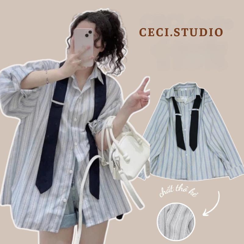 CECI.studio Áo Sơ Mi Nữ Kẻ Dài Tay Kèm Cà Vạt Thời Trang Kiểu Cách - A381a