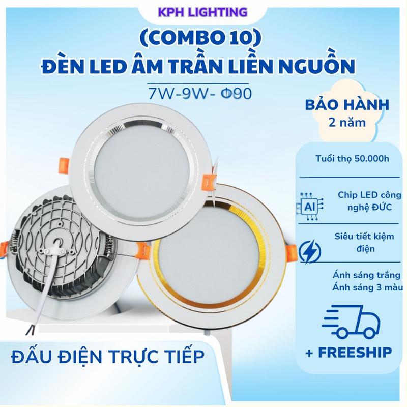 COMBO 10 Đèn led âm trần NGUỒN TÍCH HỢP 7W-9W -phi 90 viền vàng bạc-đèn led âm trần hiện đại