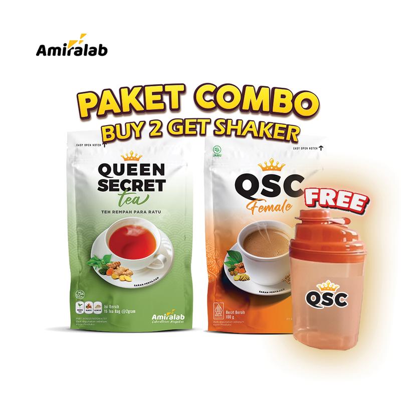 [PAKET COMBO] QSC FEMALE + Queen Secret Tea (FREE SHAKER) Lancarkan Siklus Wanita Halal & BPOM 0