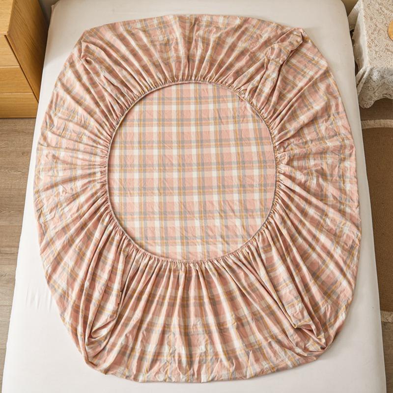 Product Introduction of Cotton Plaid Fitted Sheet Japanese Striped Plaid Cotton Non-Slip Bedspread Washed Cotton Student Fitted Sheet 3 In1 Mattress Cover Protective Cover 28