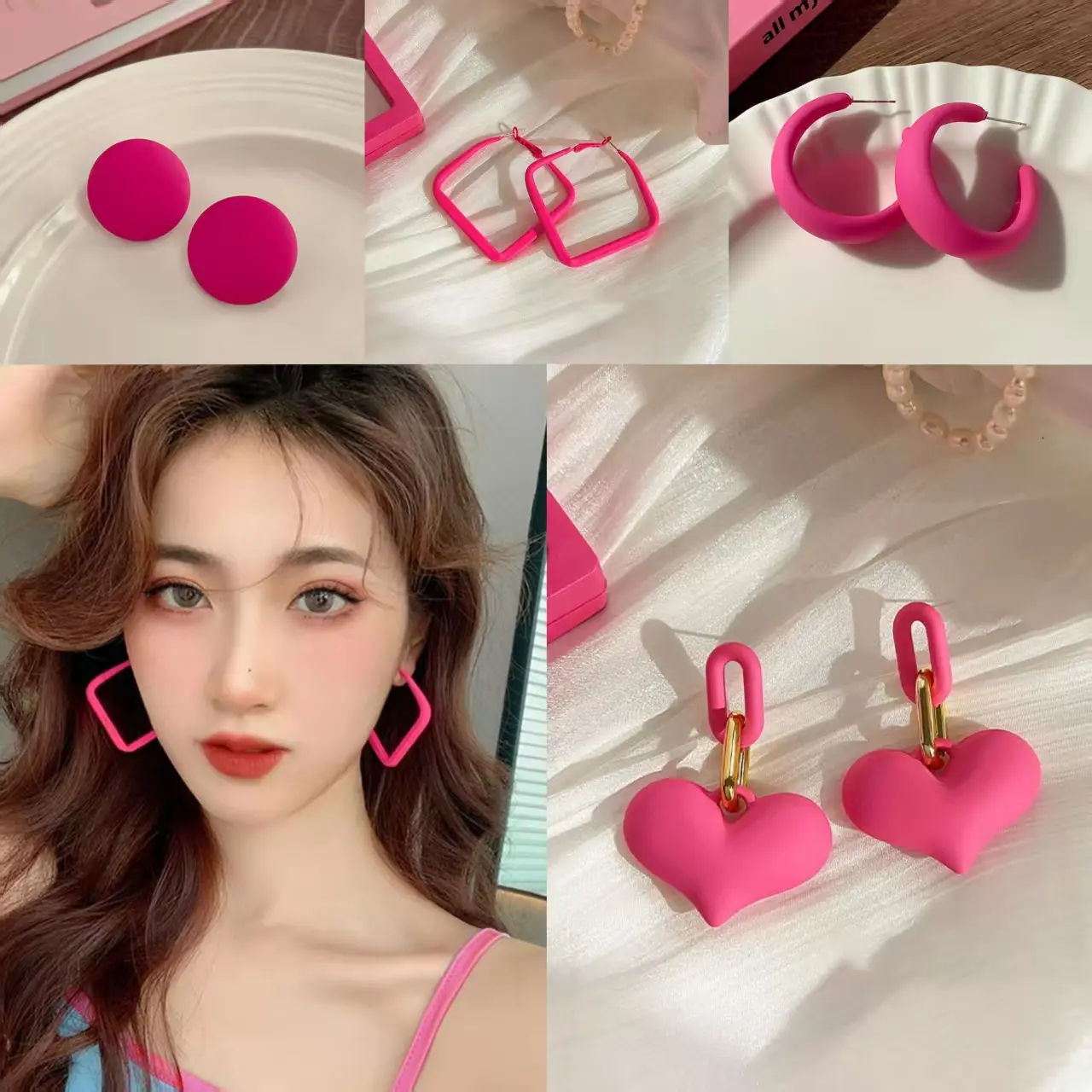 【lingerly】Anting-anting Hati Akrilik Warna Mewah untuk Pesta Jazz, Anting-anting Barbie Warna Pink