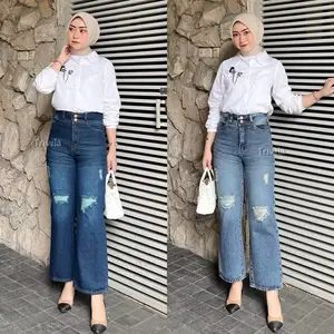 SALSAJEANS - Erica Cullotes Sobek Lapis | Kulot Jeans Ripped Hijab Friendly 27-42 | Jeans Whisker Wanita Highwaist Washed 27-34 | PLAINBF