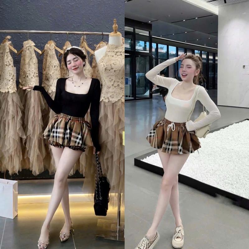 Set bộ nữ áo dài tay ôm dáng kèm chân váy kẻ 2 màu trẻ trung cá tính Hot S M