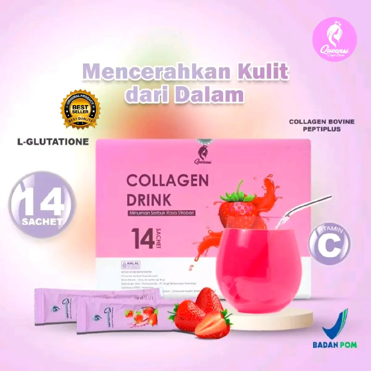 QUEENSI COLLAGEN DRINK BPOM Minuman Kolagen Pencerah Kulit dan Pemutih Badan, Menyamarkan Kerutan dan Flek Hitam