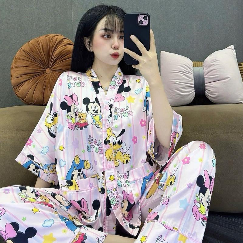 HL27 (4size 40-95kg) BỘ PIJAMA NỮ ÁO CÁNH DƠI QUẦN DÀI CỔ V PHỐI KÈM CỘT TÓC - FORM RỘNG