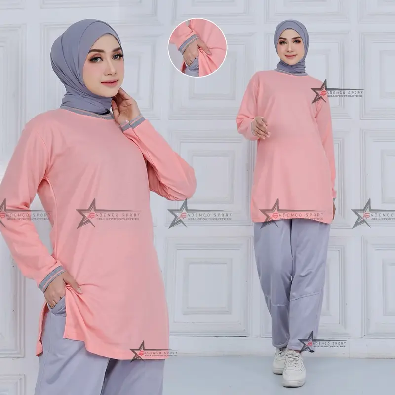 Setelan Baju Olahraga Senam Wanita Model Tunik Muslimah Bahan Lakos / Setelan Olahraga Wanita Muslimah Polos Celana Panjang Sport Atasan 0