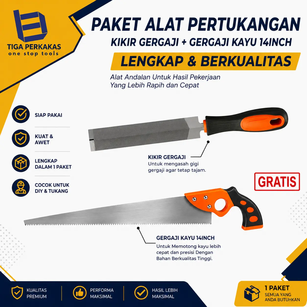 Paket 2 Pcs Kikir Gergaji Kayu  & Gergaji Kayu 14 Inch Flexible Nyaman Di Genggam Cocok Untuk Asah Gergaji | Cangkul | Sekop