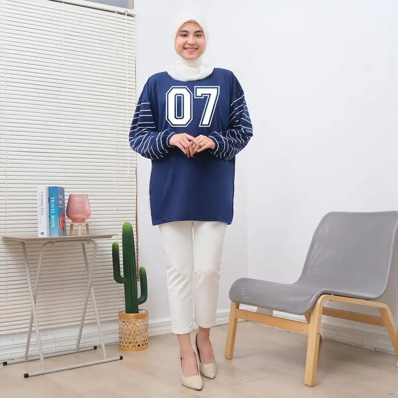 Baju Kaos Wanita Oversize Lengan Karet Salur Motif Angka 07 Print Babyterry - Panjang, Atasan 7