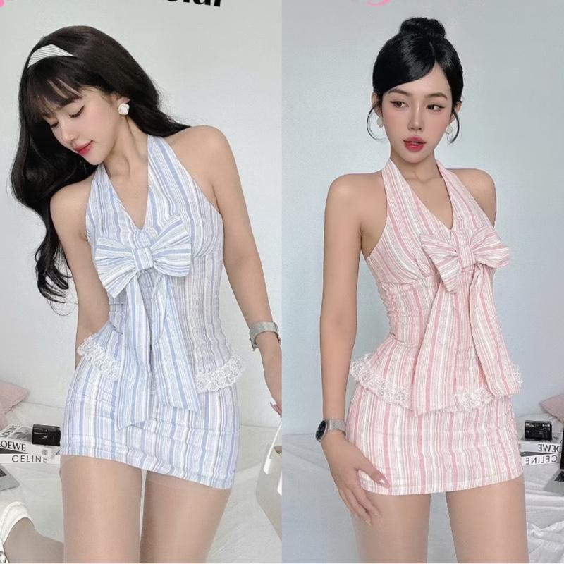 Set áo yếm và chân váy ôm sọc nơ mùa hè CÓ QUẦN kho sỉ hải chuyền Đ488