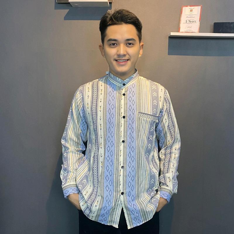 HM - Kemeja koko pria Dewasa lengan panjang Motif salur Batik, Atasan baju lebaran Keren Muslim terbaru 2025.Katun Formal Casual Santai 8