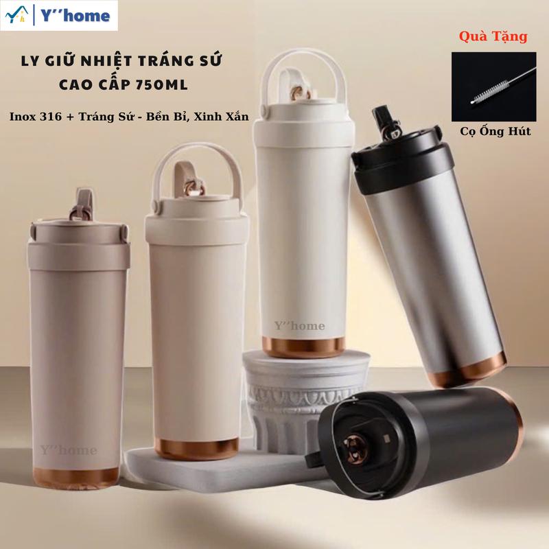 Ly giữ nhiệt lót sứ cao cấp 750ml, Phong cách trẻ trung xinh xắn, 2 vị trí uống, ống hút thuỷ tinh, quay xách gọn gàng dễ mang theo, giữ nhiệt 8-12h, 14 ngày đổi trả!
