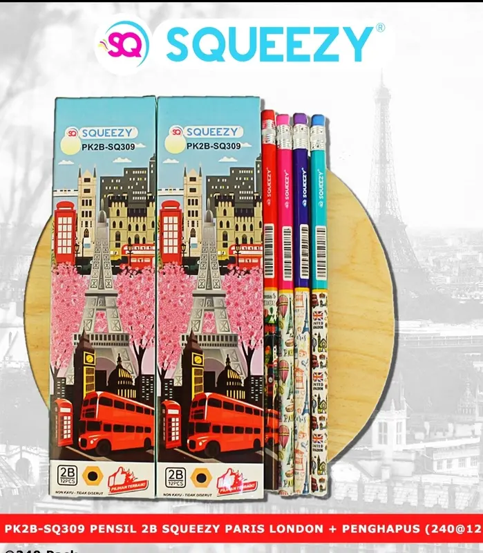 Pensil 2B dengan penghapus Merk Squeezy PK2B-SQ309 Karakter Paris London isi 12 pcs / Box 0