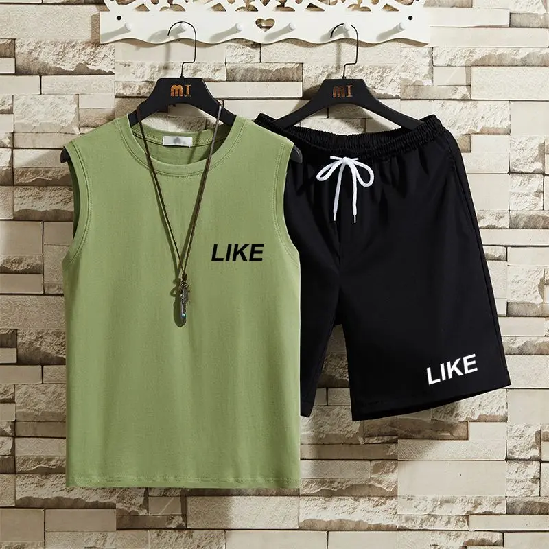 Sut Rompi Huruf, Atasan / Set, Kot Pinggang Musim Panas Lelaki, Jenama Fesyen, Baju-T Tanpa Lengan, Gaya Hong Kong, Sesuai untuk Pelajar, Seluar Pendek Bersaiz Besar