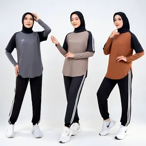 Azkadina azikra baju setelan olah raga wanita muslimah berhijab 3 in 1 strip tangan raglan crew neck joger