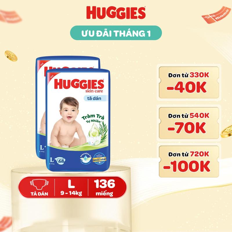  Combo 2 Tã  bỉm dán Huggies Skincare Super Jumbo Size L68 XL60 XXL54 