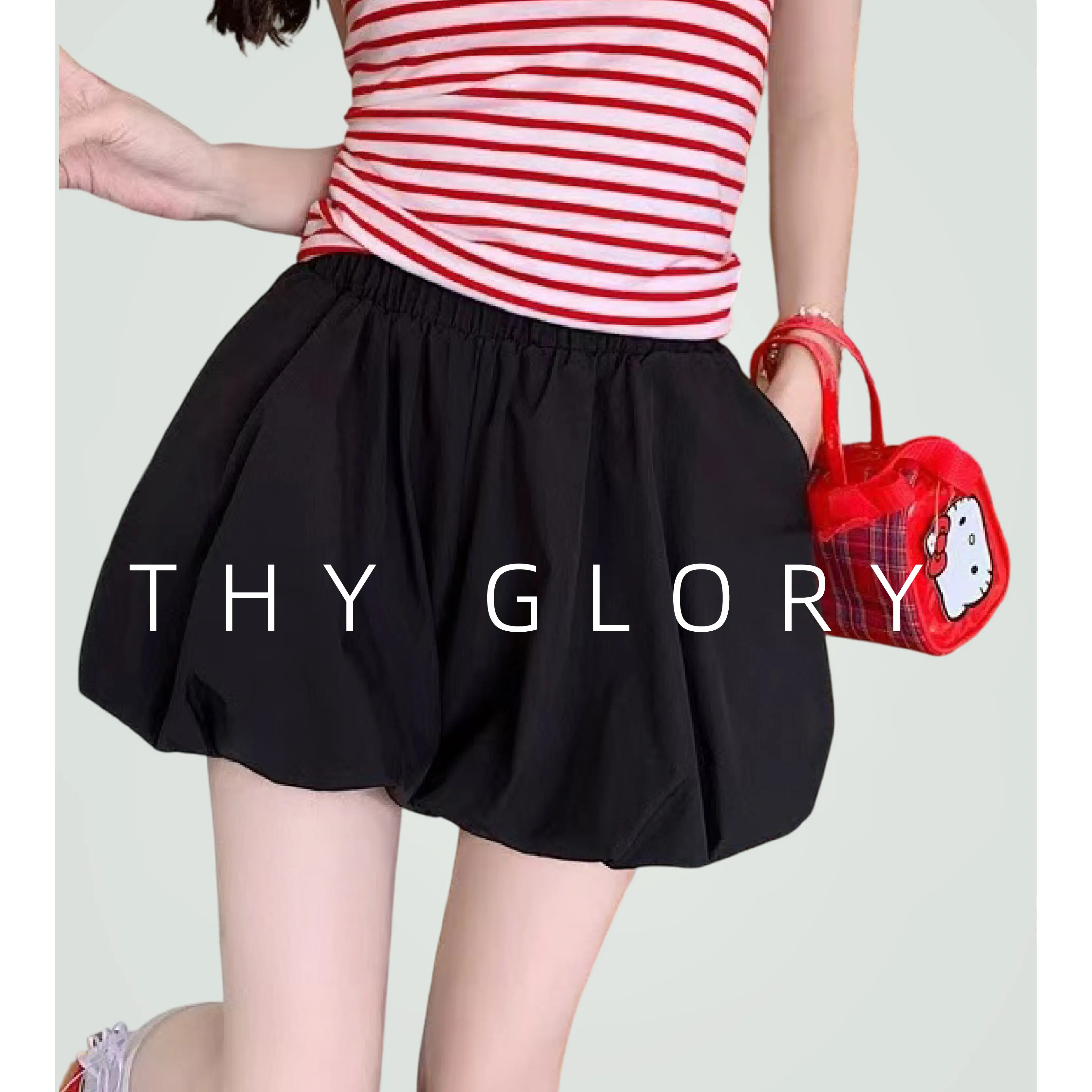 THY GLORY high Waist Bubble  Korean-style Loose Bud A-line Casual Puff Lantern Pantskirt Womenswear Bottom Comfort skirts shorts Lingerie Stripe micro [Black]  Women's