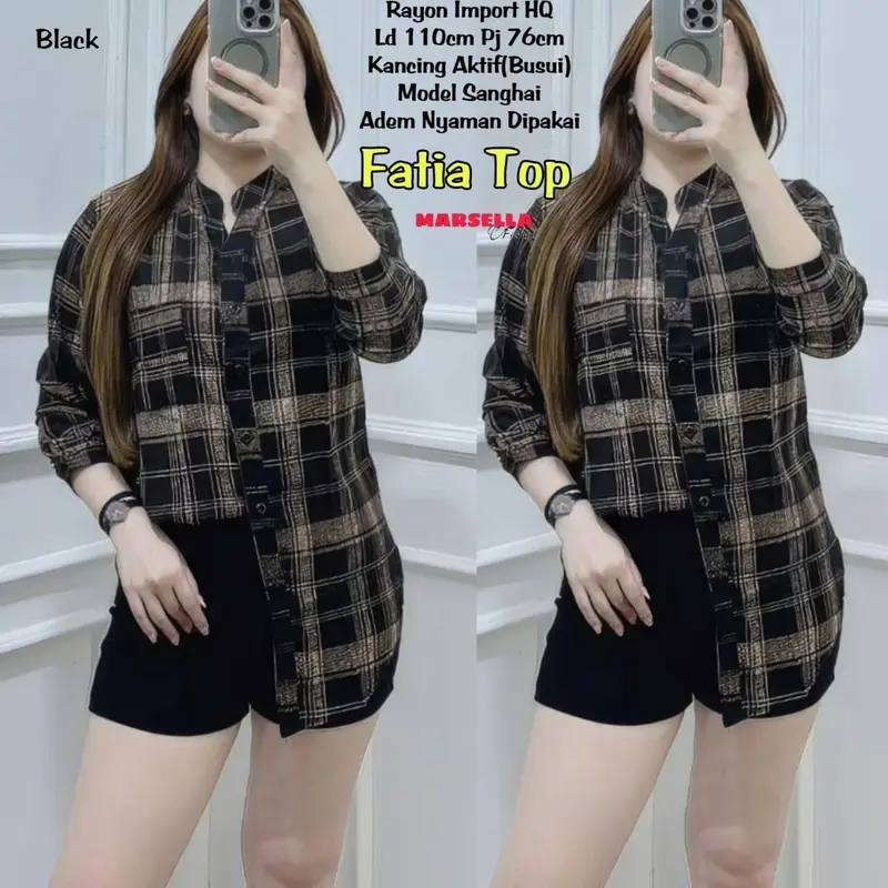 BLOUSE RAYON WANITA MOTIF KOTAK KOTAK TERBARU LENGAN 7/8 PAKAIAN WANITA BAJU ATASAN KEKINIAN 1