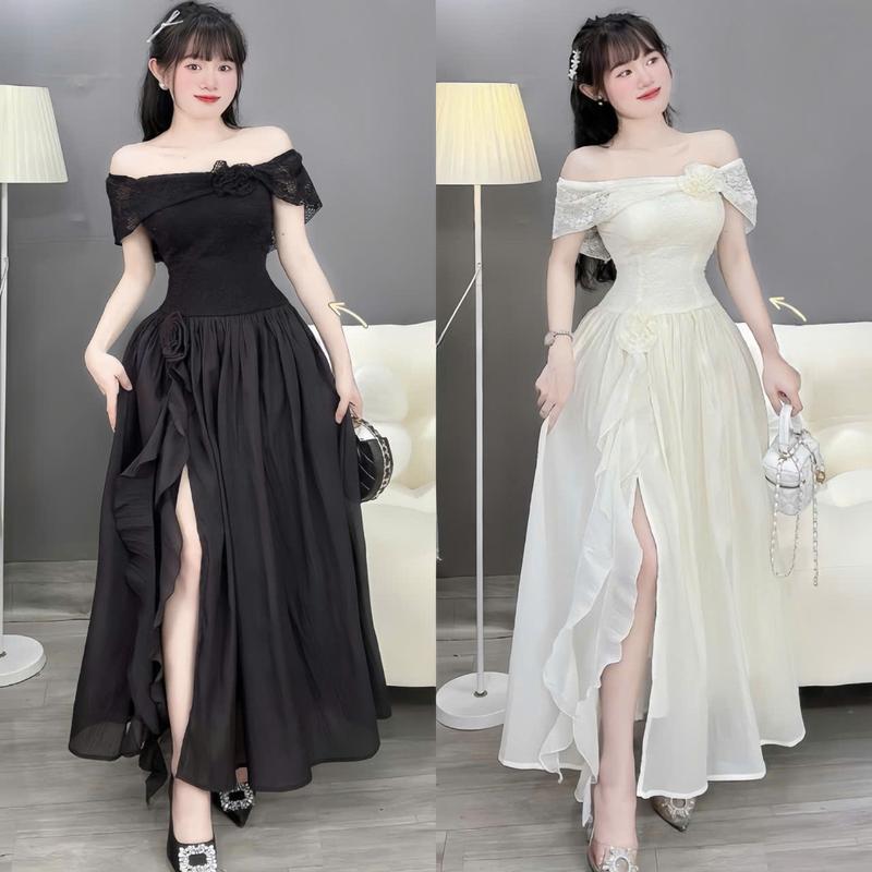 ĐẦM VÁY NỮ 2 MÀU  ren hoa phối tơ 2 lớp trễ vai đính hoa mocking thân sau from váy dài xòe sang chảnh tôn dáng phù hợp cho các nàng đi tiệc đi chơi.women top
