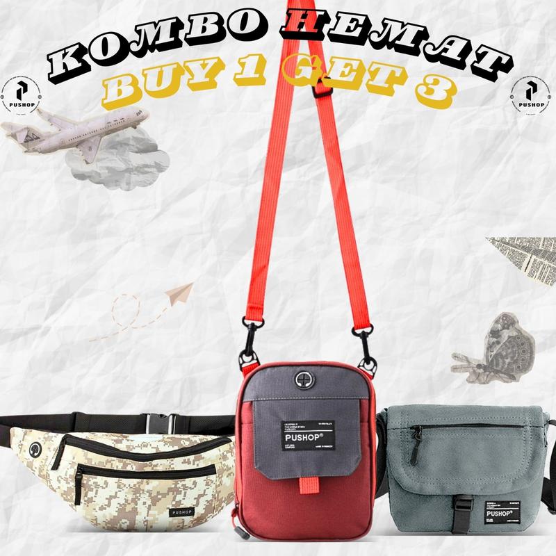 PUSHOP PAKET BUNDLING HEMAT PSHP45K-02 - Paket Tas Selempang Pria Wanita 45 Ribu Dapat 3pcs Tas Slingbag Canvas dan Mini Sling bag Casual Polos Cowok Cewek Hitam Pria 1