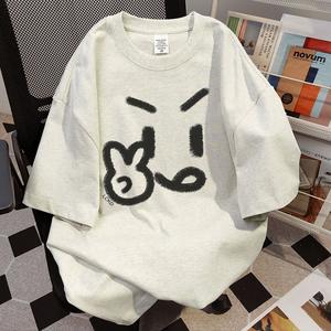 女性用半袖Tシャツ、かわいい表情のビエール柄プリント、丸首、ゆったり、純綿カジュアルトップス、丸首、ショルダーストラップ、ゆったりシルエット、通気性、肩落ちデザインプリントTシャツ夏のゆったりタイプ