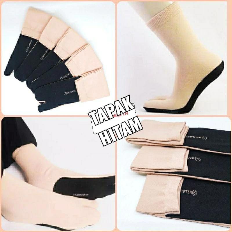 3 Pasang Kaos Kaki Panjang Muslimah Jempol Telapak Hitam Warna Coklat Wanita Dewasa 3