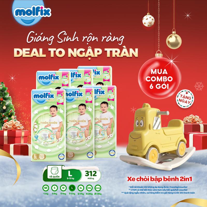   Tặng Xe Hơi Bập Bênh 2in1  Combo 6 Tã bỉm quần Molfix Thiên nhiên Super Jumbo M60 L52 XL42 XXL38 Cho Bé  Bao bì thay đổi theo từng đợt nhập hàng  