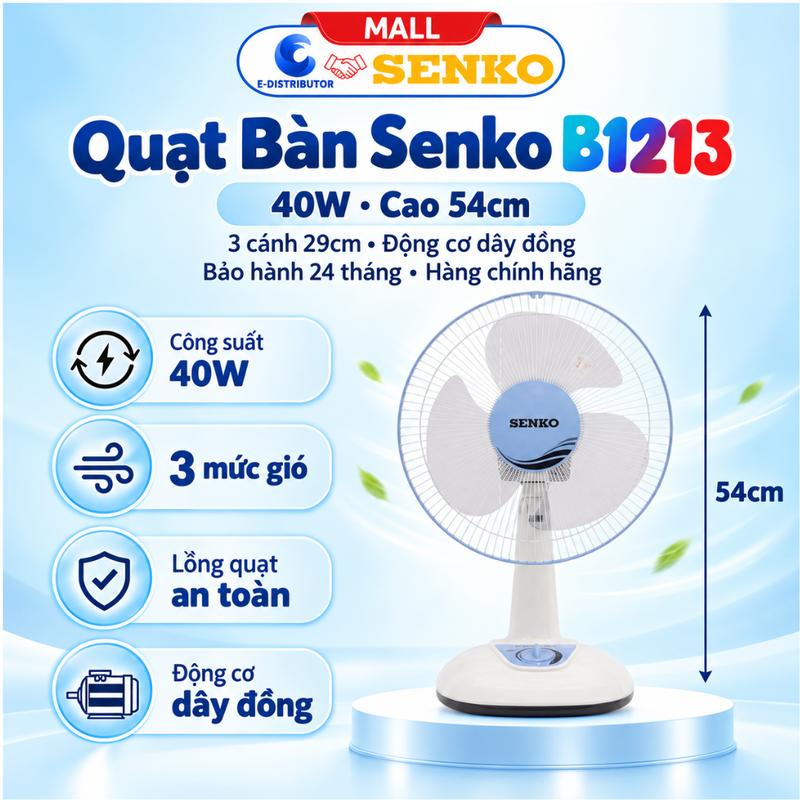 Quạt Bàn Senko B1213 40W, Cao 54cm, 3 Cánh 29cm, Động Cơ Dây Đồng, Bảo Hành 24 Tháng - Hàng chính Hãng