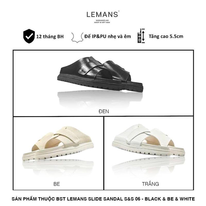 Dép nam 03 màu Tăng Chiều Cao LEMANS SLIDE SANDAL S&S06 - Đen&Be&Nâu Tây, đế 2 lớp cao 5.5cm, thiết kế dép quai ngang đan, Bảo hành 12 tháng